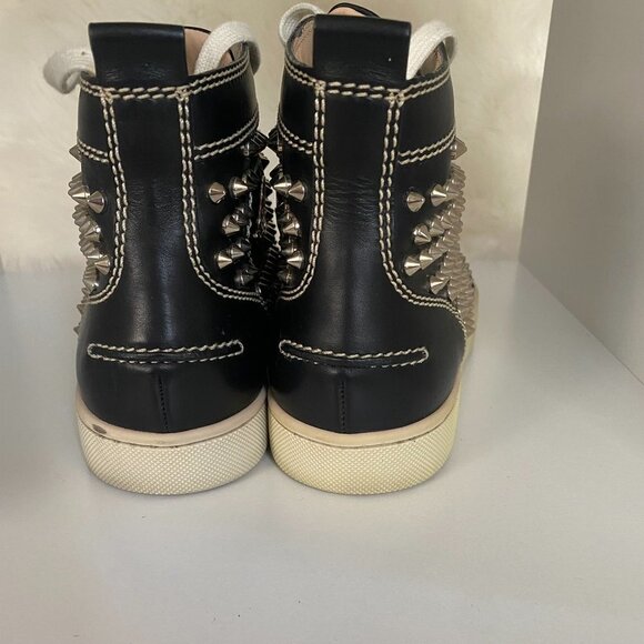 AUTH Christian Louboutin Black Louis Flat Calf Stud Spike Hi Top Sneakers 37.5 - Picture 4 of 12